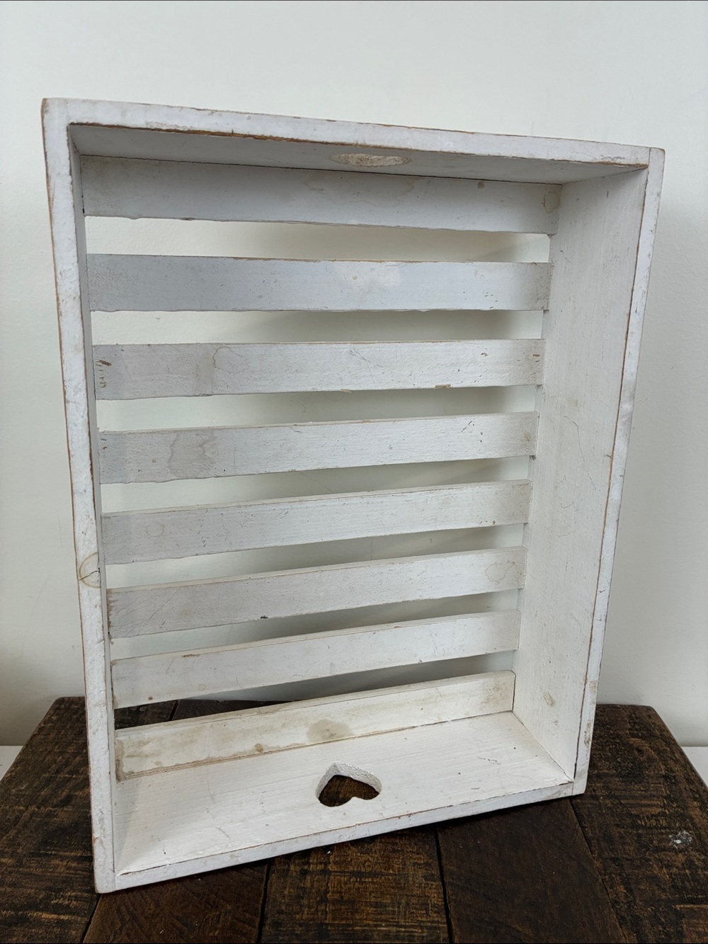 Vintage White Wooden Slatted Display Crate Heart Cutout 15x12 Cottage Granny
